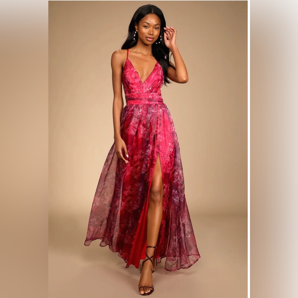 Lulus Magenta Floral Print Organza Maxi Dress